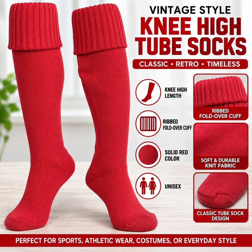 Vintage Style Knee High Tube Socks Solid Red Ribbed Fold Over Cuff Unisex Retro